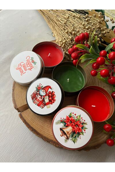 cev den store Yılbaşı Metal Kutu Mum Hediyelik Yeni Yıl Mum Hediyeliği 4 Adet Mumluk