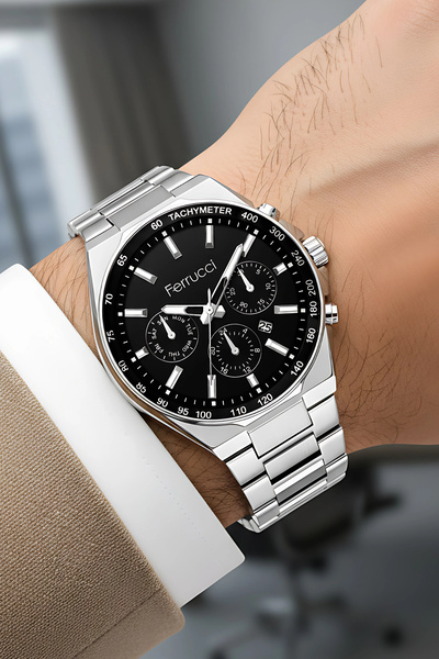 Ferrucci Takvimli Erkek Kol Saati Çelik Kasa & Çelik Kordon Gümüş-Siyah Renk zmfer215