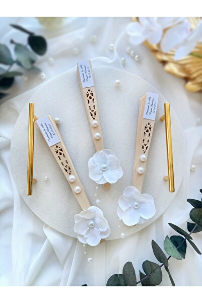 Gami Handmade Islak Ortanca Süslemeli İnci Detaylı Ahşap Yelpaze - Nişan, Nikah, Söz, Kına - 10 Adet