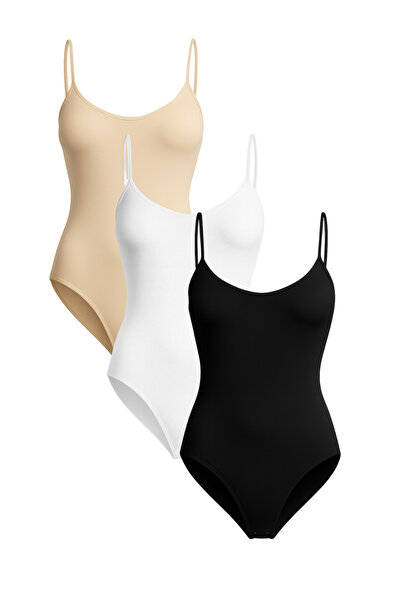 Formeasy Kadın Dikişsiz Full Badi Zıbın – Dikişsiz İnce Askılı Günlük Body 3'lü Set