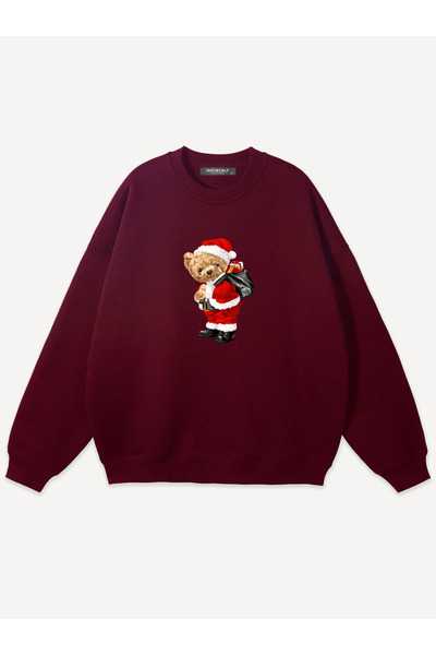 Mad&Calf Unisex Christmas Teddy Printed Crew Neck Oversized Sweatshirt