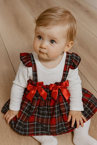 Bebista Kız Bebek Ekose Askılı Elbise ve Beyaz Ribana Uzun Kollu Body 2’li Takım