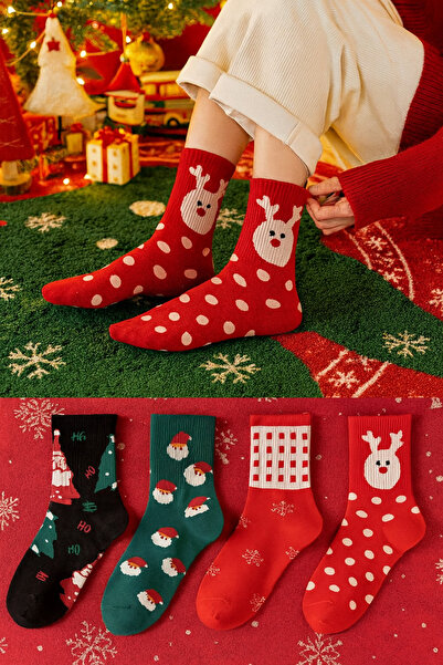 OKAVANGO 35-40 Yılbaşı Çorabı Unisex Noel Babalı Desenli Çorap Geyikli 4 Çift