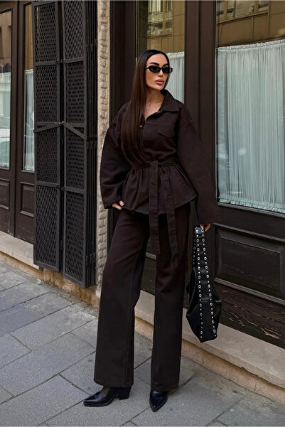 Fav Style Women's Belted Oversized Jacket and High Waist Denim Pants Top and Bottom Set Brown