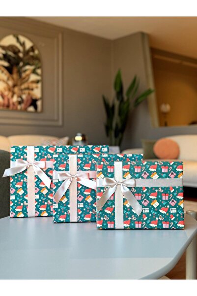 KOLİX 3-Piece New Year Themed Decorative Bow Gift Box Mixed Model Happy New Year Christmas Box