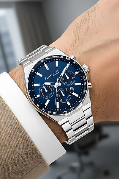 Ferrucci Takvimli Erkek Kol Saati Çelik Kasa & Çelik Kordon Gümüş-Mavi Renk zmfer215