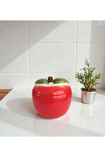 Trueland Ceramic Apple Jar, Decorative, Minimalist, Red