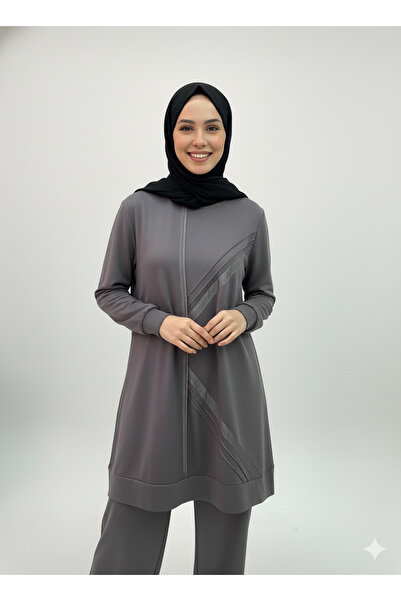 CELTMODA Women's Crew Neck V Patterned Hijab Two-Piece Set - Gray