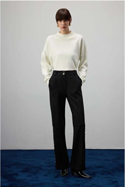 Touche Gold Düğmeli Süet Pantolon Siyah