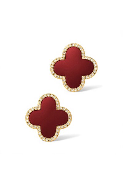 neslyaccessories VC Taşlı Kenar Orta Boy Bordo Gold Küpe