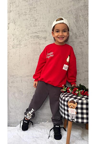 Magu Boy's Cotton Red Penguin Printed Sweat & Black Tracksuit Set – Oversized