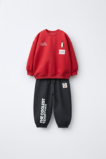 Magu Boy's Cotton Red Penguin Printed Sweat & Black Tracksuit Set – Oversized