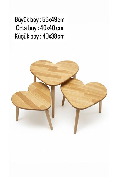 Dekor Bemerg Lovella – 3’lü Kalp Formlu Zigon Sehpa Seti - Masif Kayın Ahşap Doğal