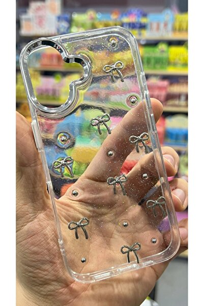 EDELFU آيفون 16 - غطاء شفاف بنمط فيونكة فضية لامعة مع بروز للكاميرا وغلاف لامع