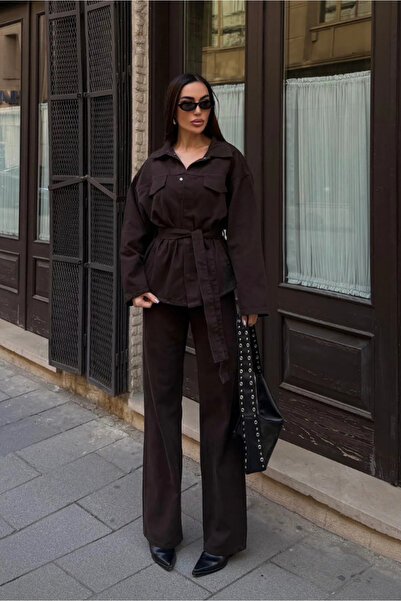 Fav Style Women's Belted Oversized Jacket and High Waist Denim Pants Top and Bottom Set Brown