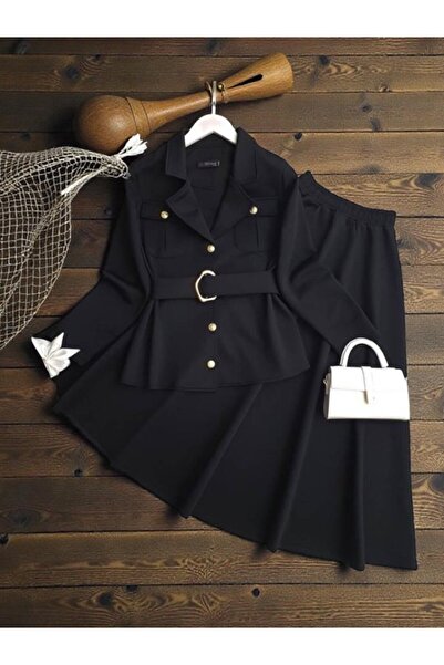 ŞAHİN TESETTÜR GİYİM GOLD DÜĞMELİ ÇİFT CEP TOKALI KEMERLİ CEKET KİLOŞ ETEK TA...