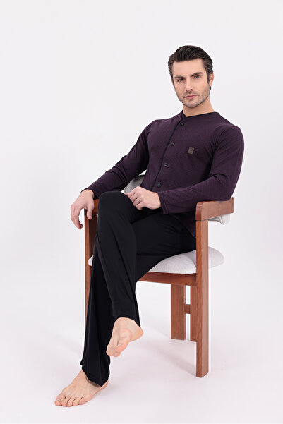BLACKMORE Men's Plum Knit Striped Button Front Long Sleeve Cotton Men's Pajama Set