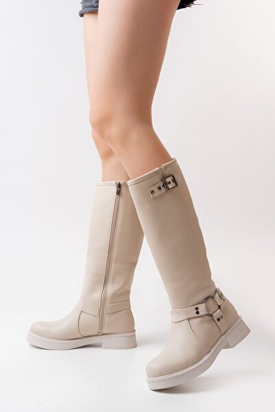 Zerenyus Zri̇n-312 Premium Beige Buckle Zippered Quality Women's Boots