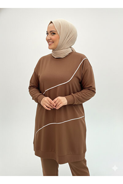 CELTMODA Women's Striped Detail Crystal Fabric Hijab Double Set - Brown