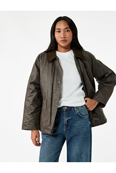 Koton Bonded Leather Coat with Distressed Look and Zippered Pockets