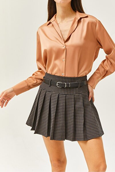 Hisleria Lined Belt Included Checkered Pleated Shorts Mini Skirt