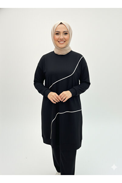 CELTMODA Women's Striped Detail Crystal Fabric Hijab Double Set - Black