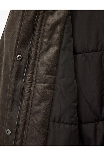 Koton Bonded Leather Coat with Distressed Look and Zippered Pockets