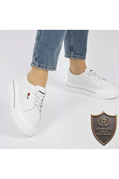 superpiele Casual women's leather shoes White with white sole and stripe | TOMIKA |