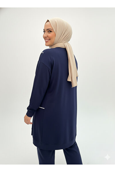 CELTMODA Women's Striped Detail Crystal Fabric Hijab Double Set - Navy Blue