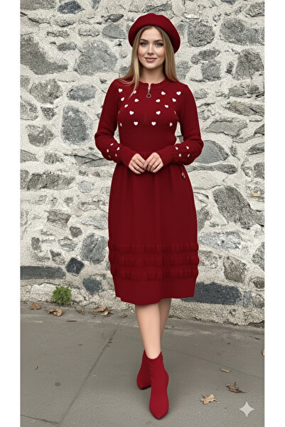 ikomteks Stylish Knitwear Dress with Heart Embroidery