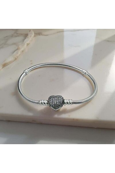 ZEY 925 Ayar Gümüş Takı- Taşlı Kalpli Klipsli Kadın Hediyelik Bileklik