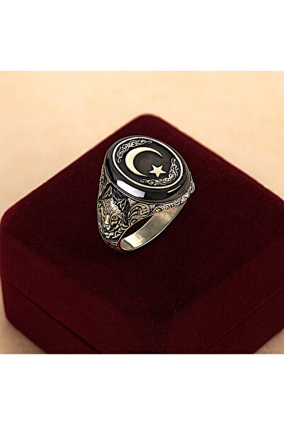 Siset Gümüş 925 Ayar Bozkurt Desenli Ayyıldız Erkek Gümüş Yüzük