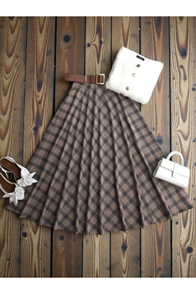 ŞAHİN TESETTÜR GİYİM DERİ KEMERLİ BEL YANDAN FERMUARLI EKOSE KİLOŞ ETEK 6086