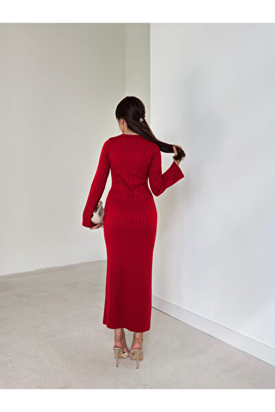 MAXXANA Elegant Long Length Knitwear Dress - Burgundy - Suitable for S-M-L