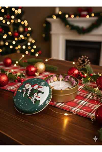 selfquality El yapımı Yılbaşı Temalı Lale Detaylı Simli %100 Doğal Soya Wax Teneke Kutuda Mum