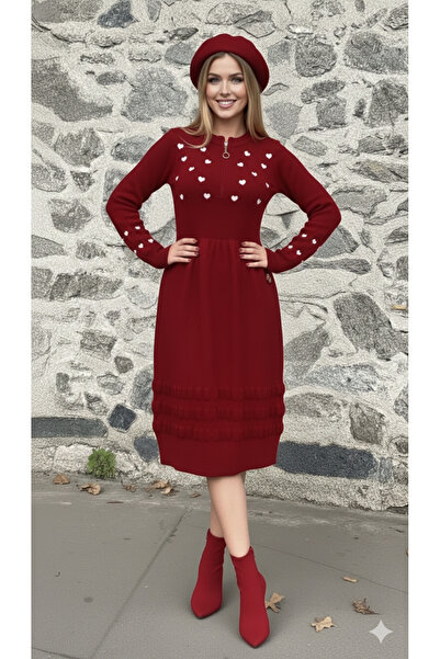 ikomteks Stylish Knitwear Dress with Heart Embroidery