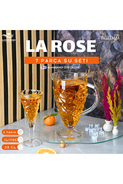 GLASS ELMAS La Rose 7 Parça Su Seti (6 Adet Ayaklı Bardak (25 Cl) 1 Adet Süra...