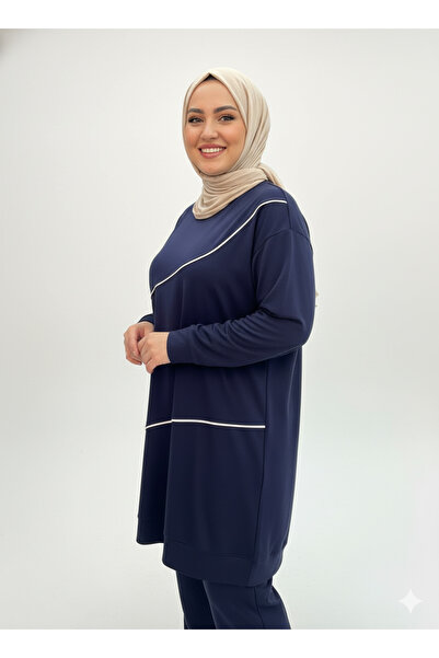 CELTMODA Women's Striped Detail Crystal Fabric Hijab Double Set - Navy Blue