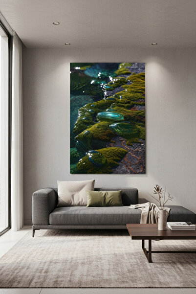 hollywest Derin Yeşil Yosun Dokusu ve Işıltılı Damlalar Kanvas Tablo