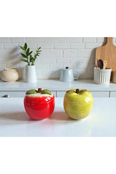 Trueland Decorative Ceramic Apple Jar Set of Two (Red - Green)