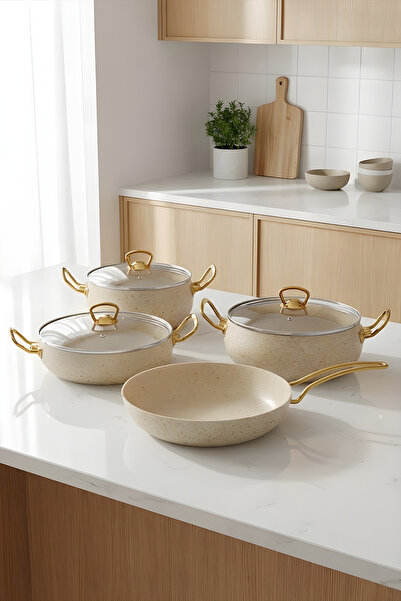 YUNUSOĞLU HOME 7-Piece Leon Granite Cookware Set – 20 cm 2.5L, 24 cm 4.5L, 26 cm Flat 3L, 26 cm Frying Pan