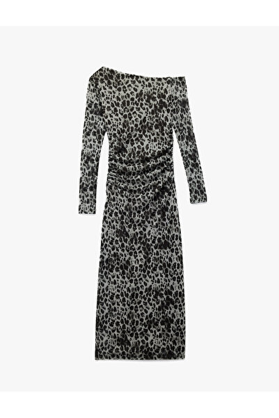 Koton Long Sleeve Draped Leopard Print Midi One Shoulder Dress