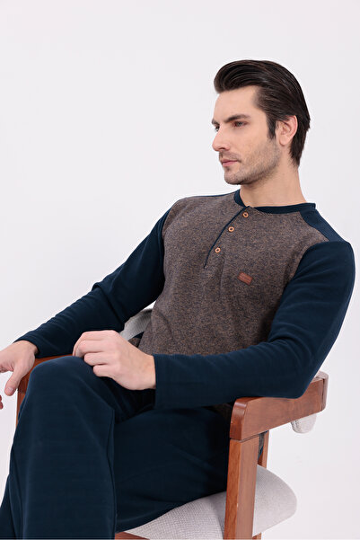 BLACKMORE Men's Brown Front Half Button Long Sleeve Cotton Men's Pajama Set