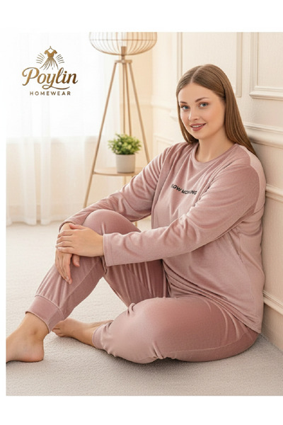 Mihra Uzun Kol Rahat Kışlık Pudra Büyük Beden (3XL - 5XL) Kadife Pijama Takımı