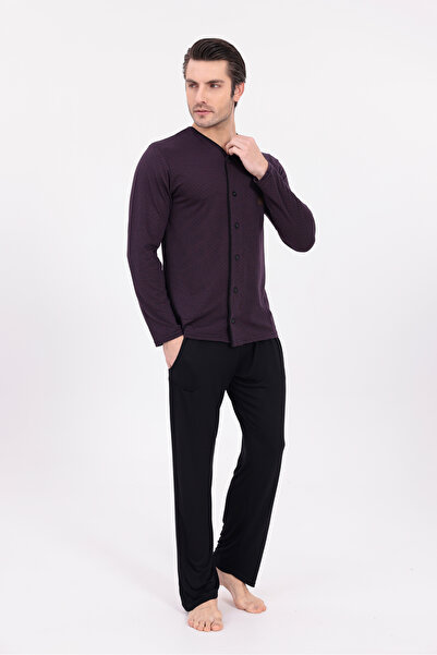 BLACKMORE Men's Plum Knit Striped Button Front Long Sleeve Cotton Men's Pajama Set