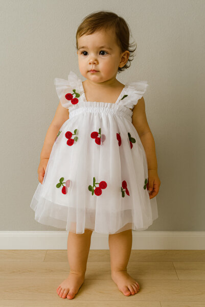 ALLYA MİNİ DRESS Kiraz Desenli ve Fırfır Kollu Tül Bebek Elbise