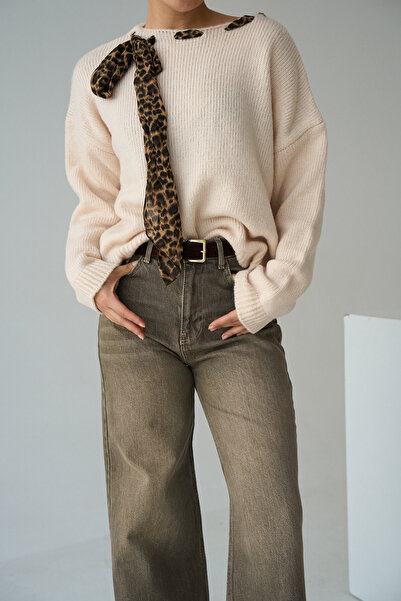 LOOSH Kadın Krem Bisiklet Yaka Fular Detaylı Kazak