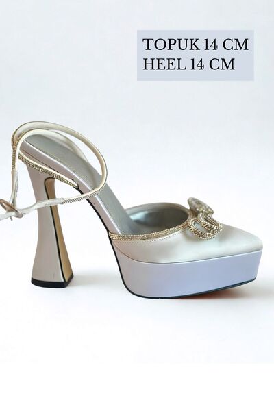 SHOEBOURNE Silver Satin White Bow Stone Pointed Toe Open Back Ankle Wrap Platform Evening Dress Shoes
