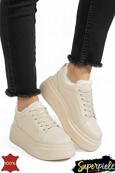 ANGEL BLUE Beige fur-lined casual shoes in leather with high sole for winter