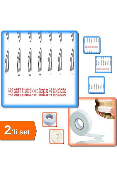 HerEveOyuncak 100 Adet Bistüri Neşter Ucu No 11 + Çift Taraflı Köpük Bant 19mm x 5m - 2li Set J9G7G7